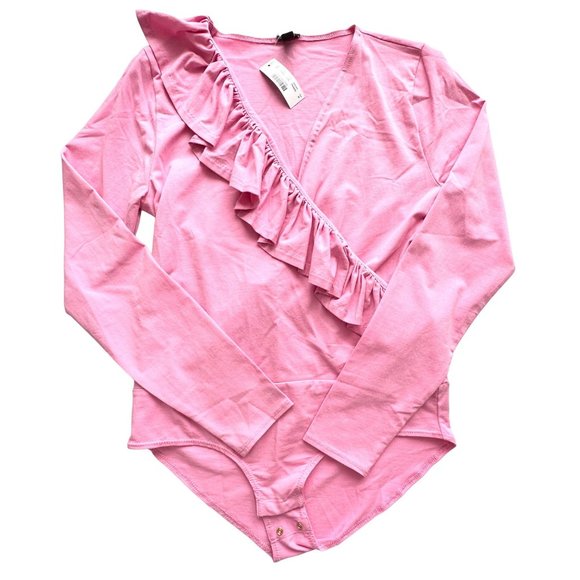 J.Crew Bodysuit Womens Medium Pink Ruffle Long Sleeve V Neck Barbiecore New - Picture 2 of 13